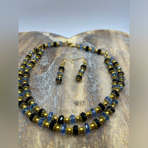 Necklace and Earrings Set Blue and Black Sparkling Beads Gold Tone Layered - Picture 7 of 14
